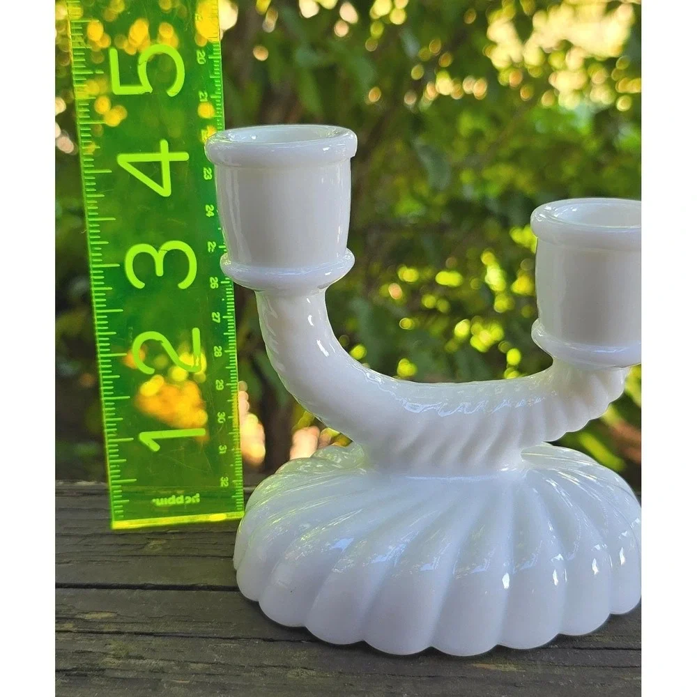 Fenton Vintage Milk Glass Double Candlestick Holder Swirl Ribbed Pattern Set